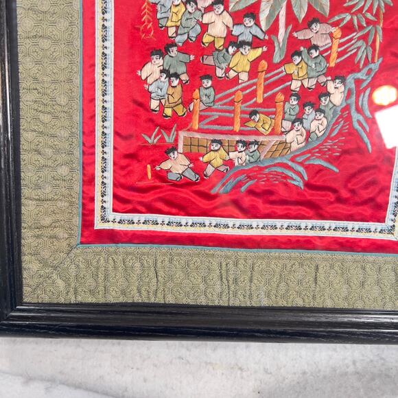 Vintage Chinese Silk Tapestry Embroidered Boats Kids Professionally Matted Frame - Picture 9 of 15
